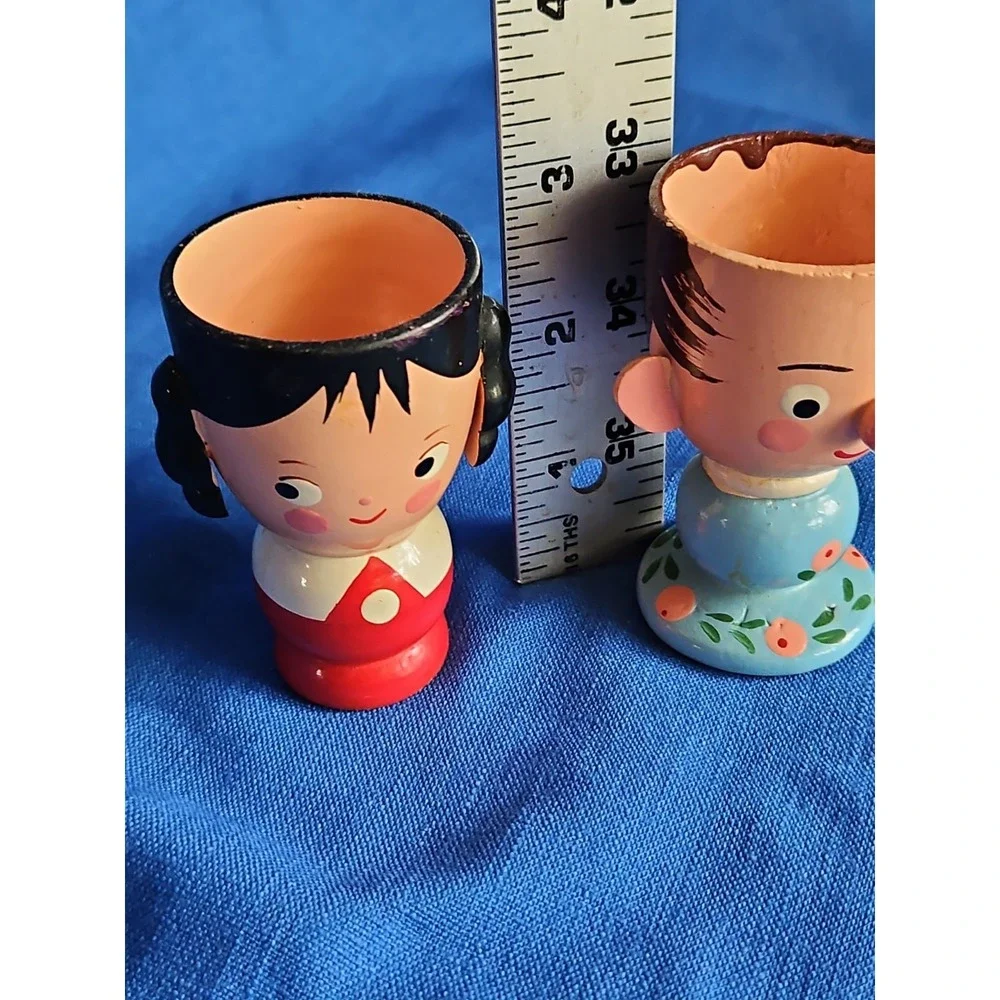 2‎ Wooden Egg Cups BOY GIRL Handmade Italy Sevi Vintage 1950s Hand Painted